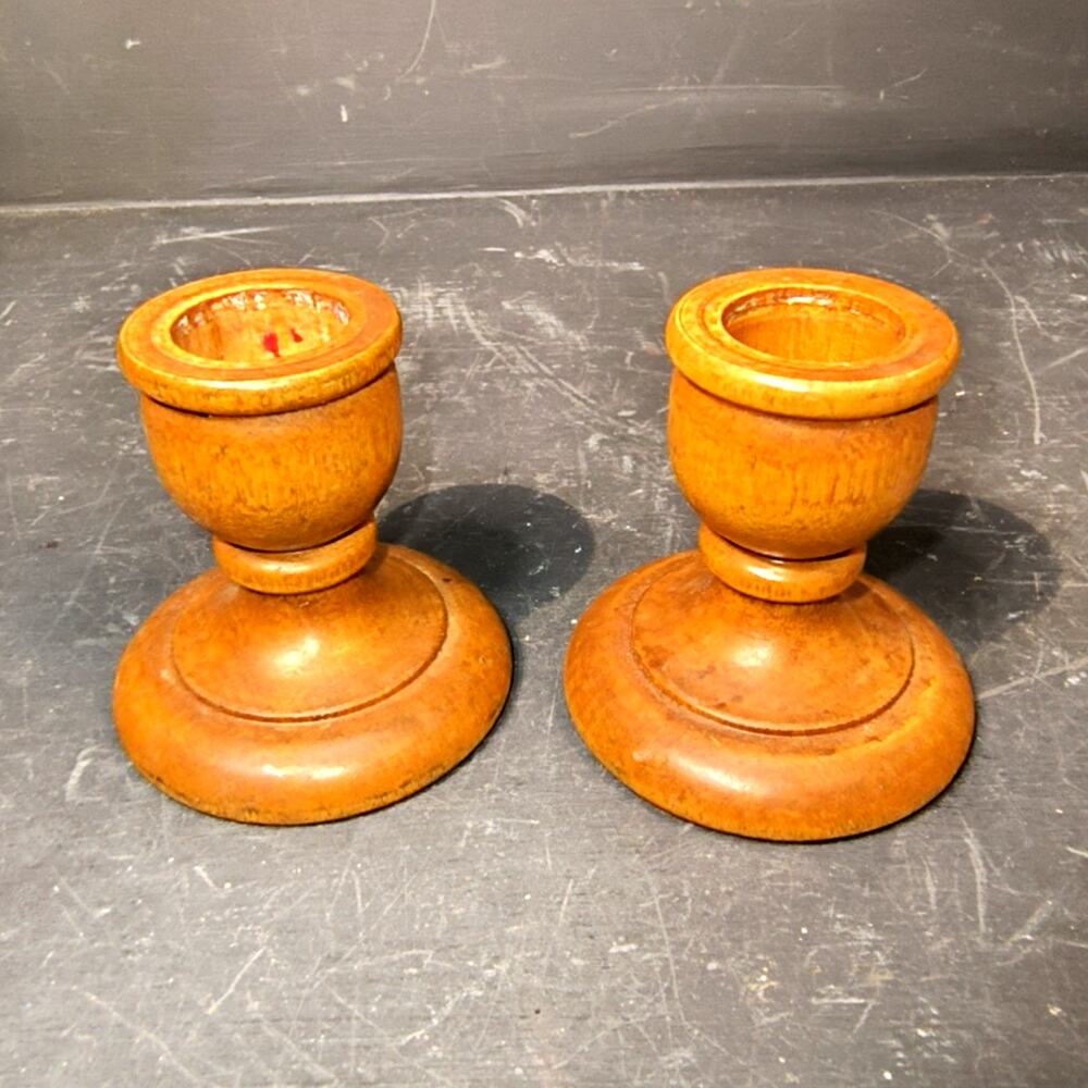 1996.  Pair Vintage  Hand Turned Wooden Candlestick Holders Round Base